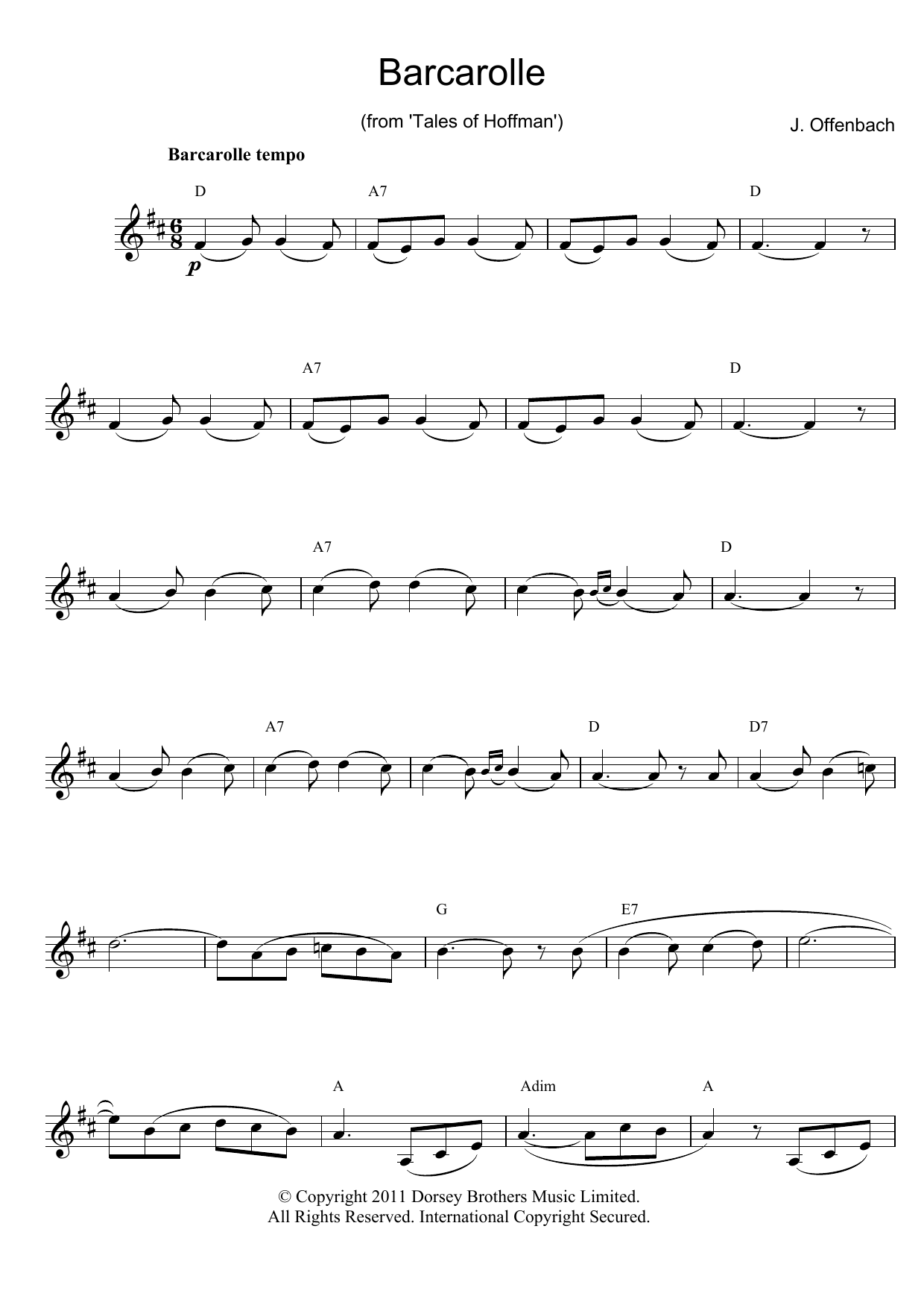 Jacques Offenbach Barcarolle (from The Tales Of Hoffmann) sheet music notes and chords arranged for Clarinet Solo