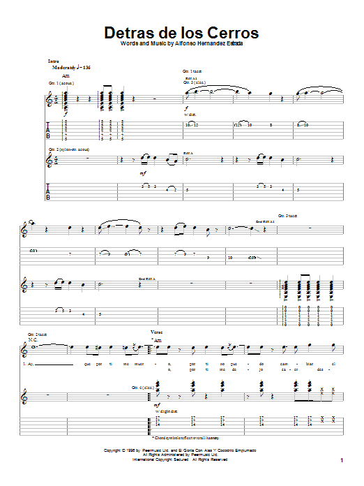 Jaguares Detras De Los Cerros sheet music notes and chords arranged for Guitar Tab