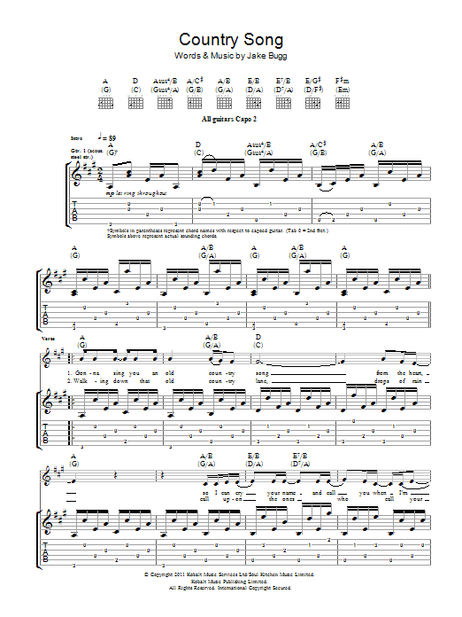 Learn to play Jake Bugg Country Song sheet music for Guitar Tab in minutes. Price: 7.8900$ Jake Bugg Country Song sheet music notes and chords arranged for Guitar Tab
