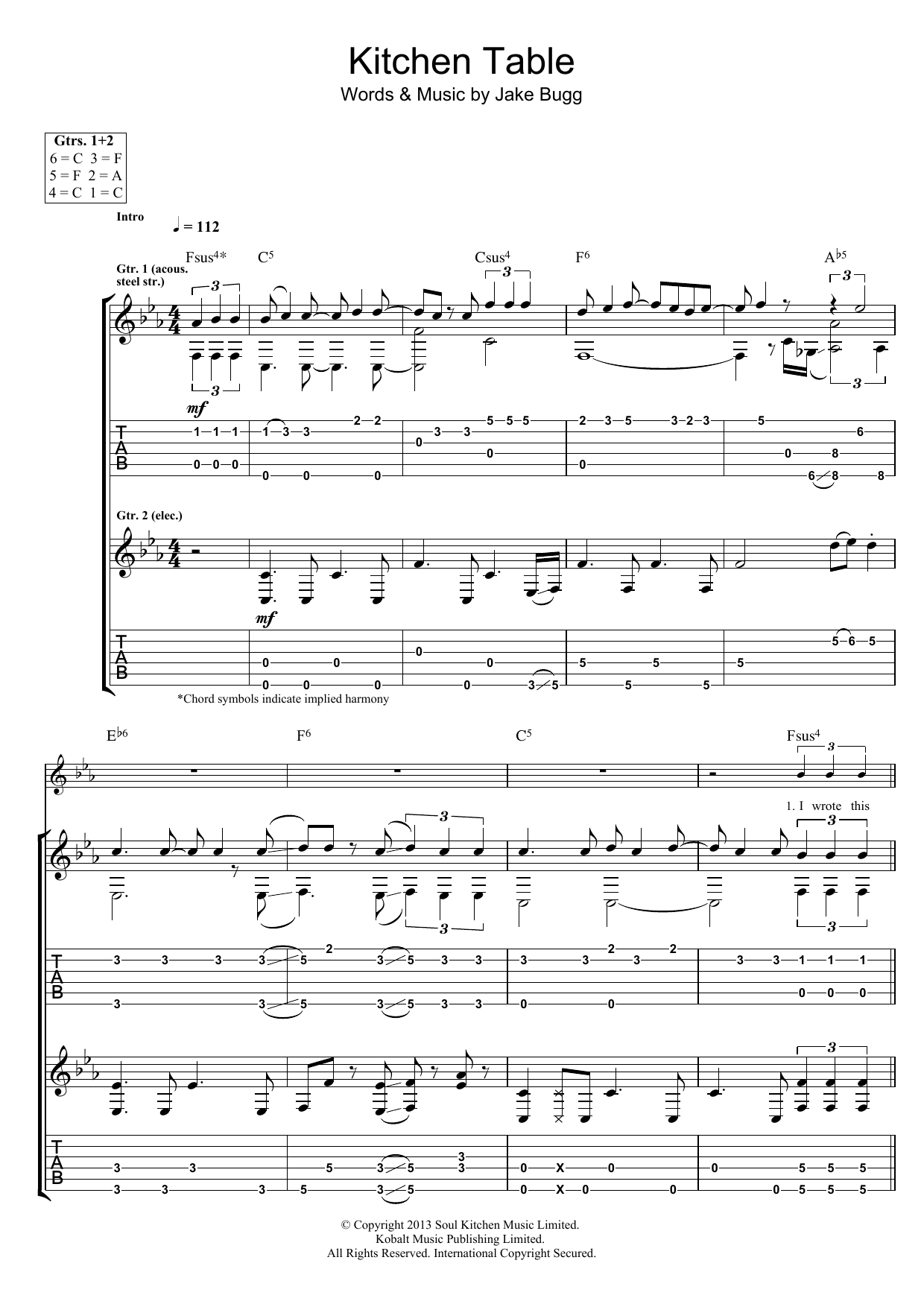 Learn to play Jake Bugg Kitchen Table sheet music for Guitar Tab in minutes. Price: 7.8900$ Jake Bugg Kitchen Table sheet music notes and chords arranged for Guitar Tab