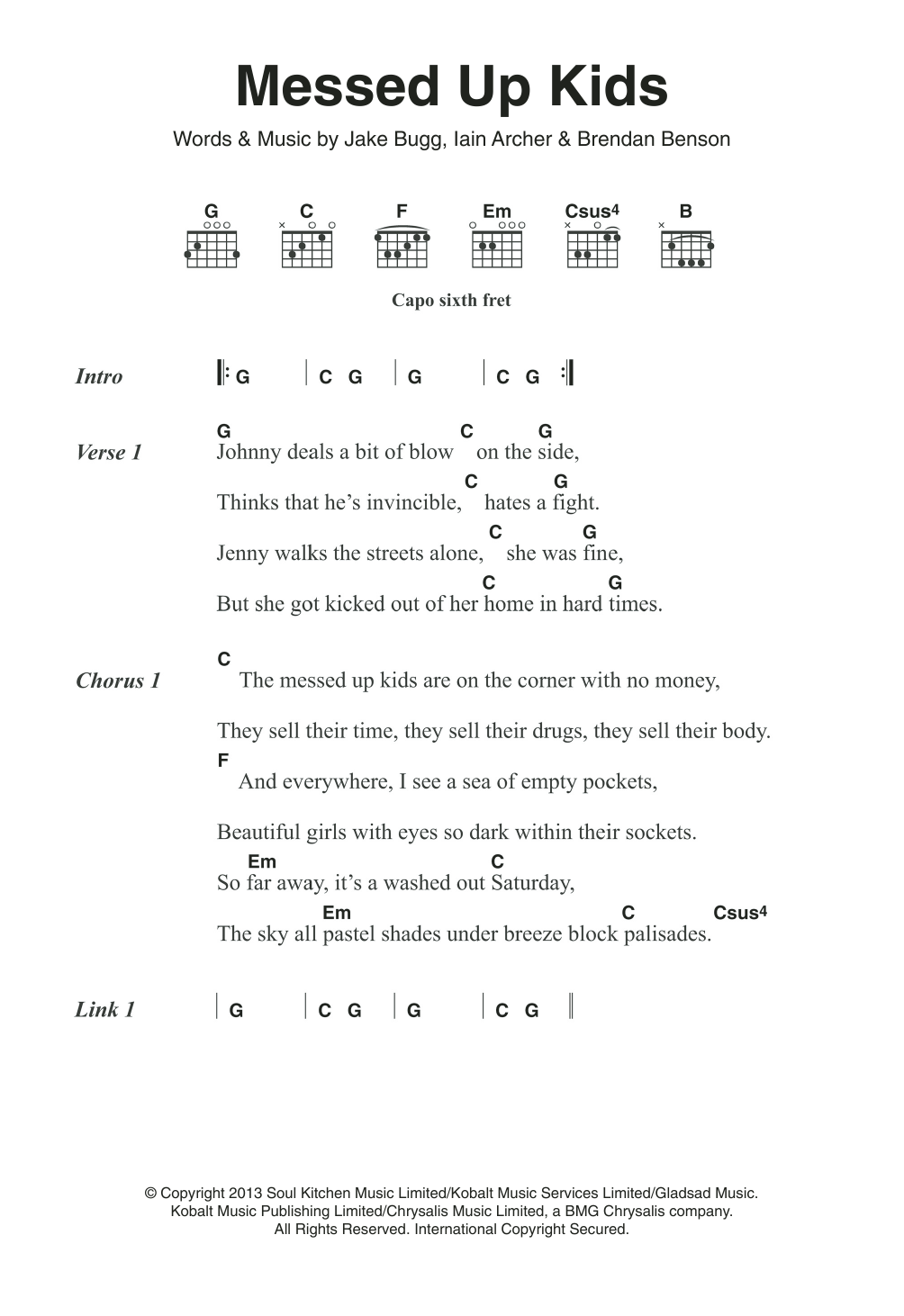 Jake Bugg Messed Up Kids sheet music notes and chords arranged for Guitar Chords/Lyrics