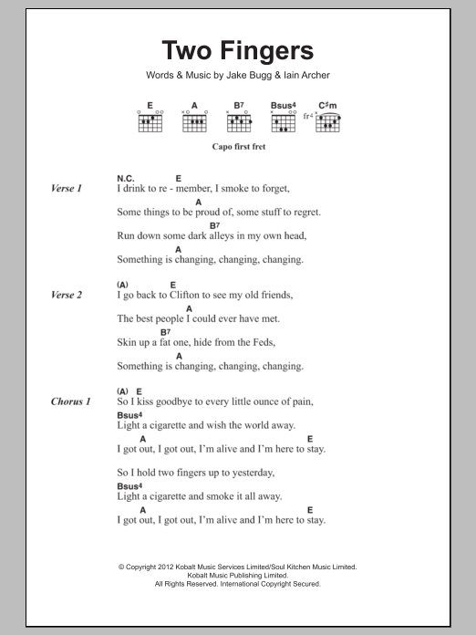 Jake Bugg Two Fingers sheet music notes and chords. Download Printable PDF.