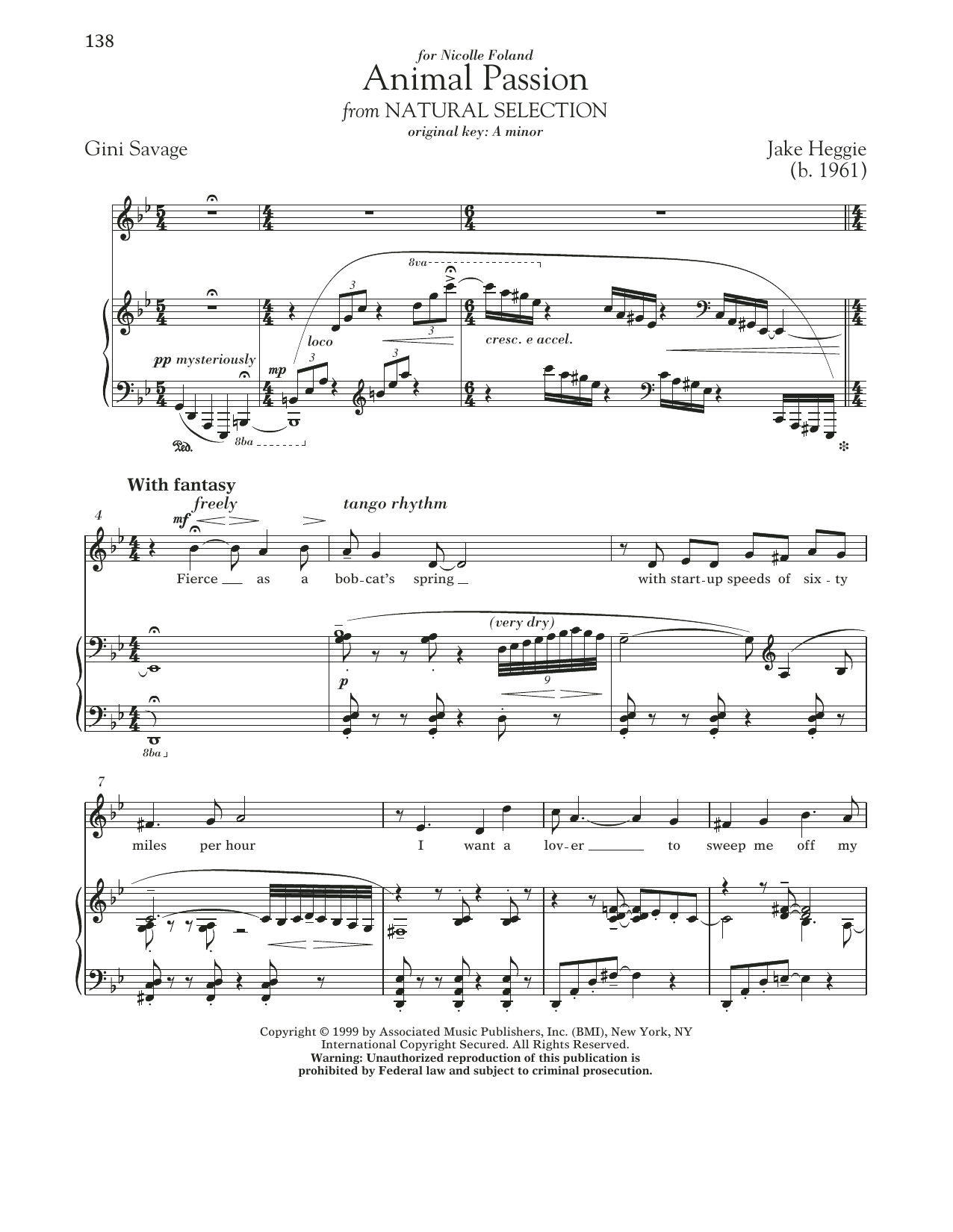 Jake Heggie Animal Passion sheet music notes and chords. Download Printable PDF.