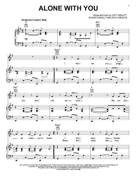 Learn to play Jake Owen Alone With You sheet music for Piano, Vocal & Guitar Chords (Right-Hand Melody) in minutes. Price: 7.8900$ Jake Owen Alone With You sheet music notes and chords arranged for Piano, Vocal & Guitar Chords (Right-Hand Melody)