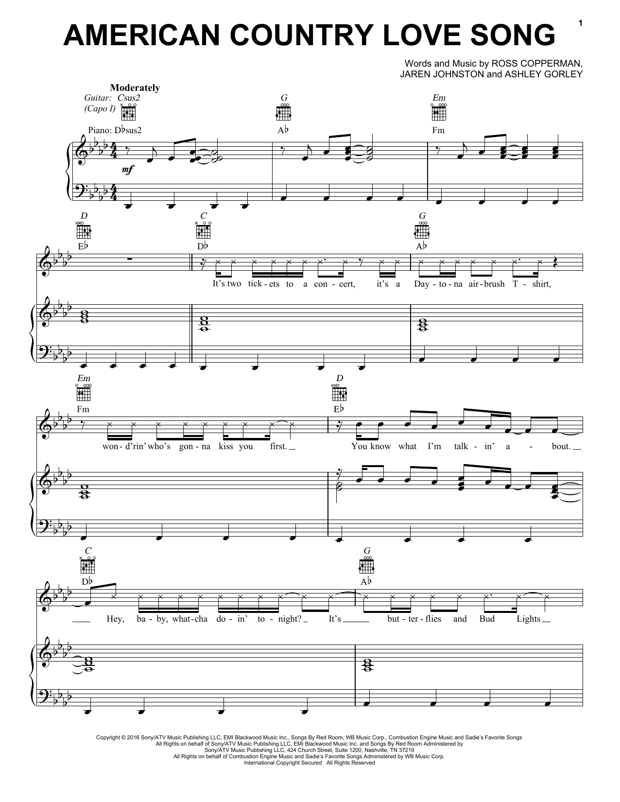 Learn to play Jake Owen American Country Love Song sheet music for Piano, Vocal & Guitar Chords (Right-Hand Melody) in minutes. Price: 7.8900$ Jake Owen American Country Love Song sheet music notes and chords arranged for Piano, Vocal & Guitar Chords (Right-Hand Melody)
