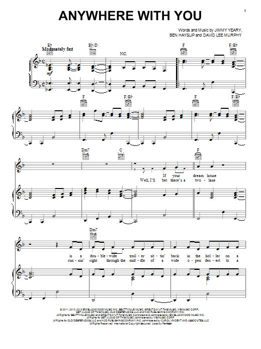 Jake Owen Anywhere With You sheet music notes and chords arranged for Piano, Vocal & Guitar Chords (Right-Hand Melody)