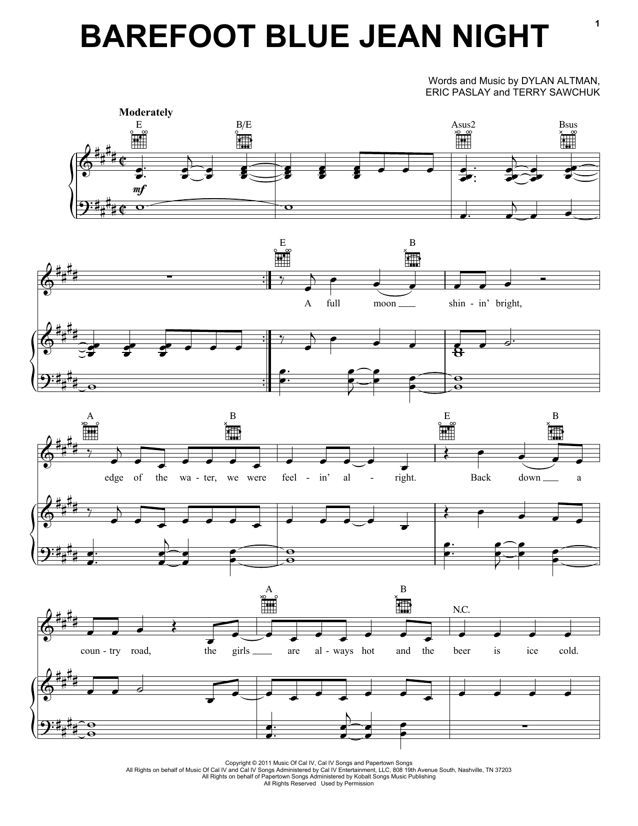 Learn to play Jake Owen Barefoot Blue Jean Night sheet music for Piano, Vocal & Guitar Chords (Right-Hand Melody) in minutes. Price: 7.8900$ Jake Owen Barefoot Blue Jean Night sheet music notes and chords arranged for Piano, Vocal & Guitar Chords (Right-Hand Melody)