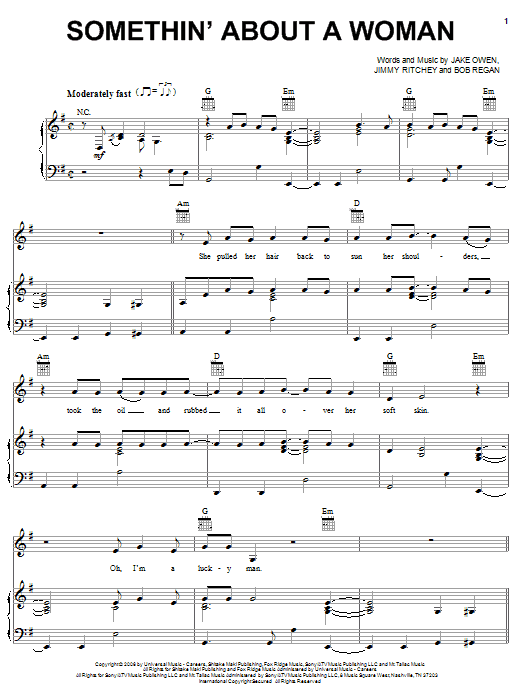 Learn to play Jake Owen Somethin' About A Woman sheet music for Piano, Vocal & Guitar Chords (Right-Hand Melody) in minutes. Price: 7.8900$ Jake Owen Somethin' About A Woman sheet music notes and chords arranged for Piano, Vocal & Guitar Chords (Right-Hand Melody)