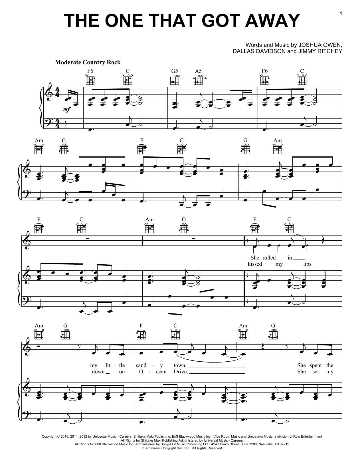 Learn to play Jake Owen The One That Got Away sheet music for Piano, Vocal & Guitar Chords (Right-Hand Melody) in minutes. Price: 7.8900$ Jake Owen The One That Got Away sheet music notes and chords arranged for Piano, Vocal & Guitar Chords (Right-Hand Melody)