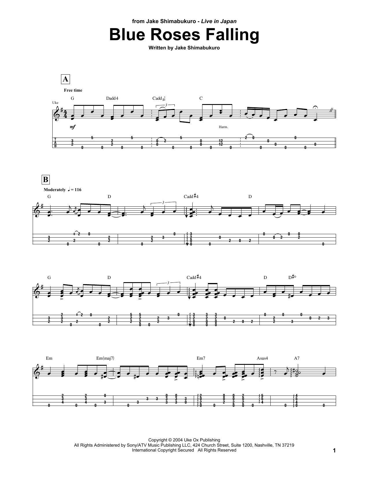 Jake Shimabukuro Blue Roses Falling sheet music notes and chords arranged for Ukulele Tab