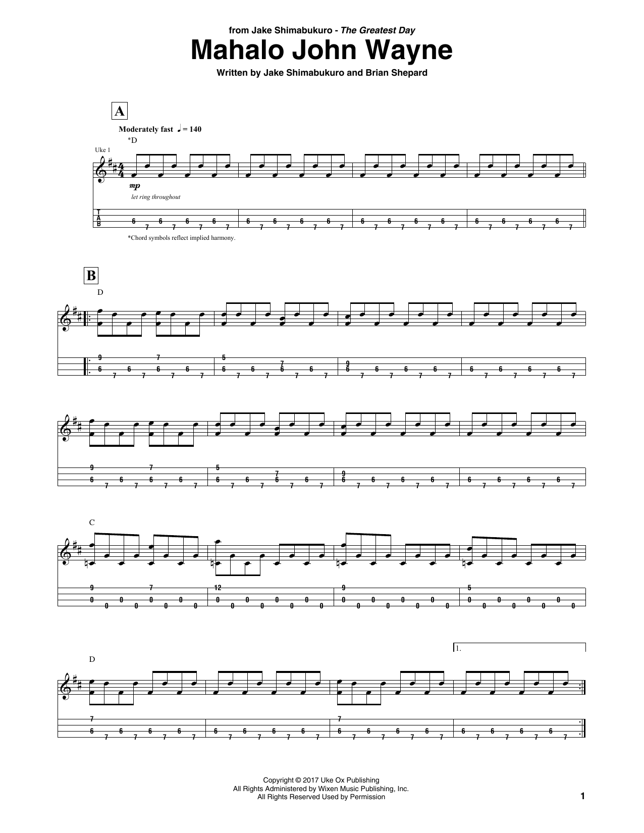 Jake Shimabukuro Mahalo John Wayne sheet music notes and chords arranged for Ukulele Tab