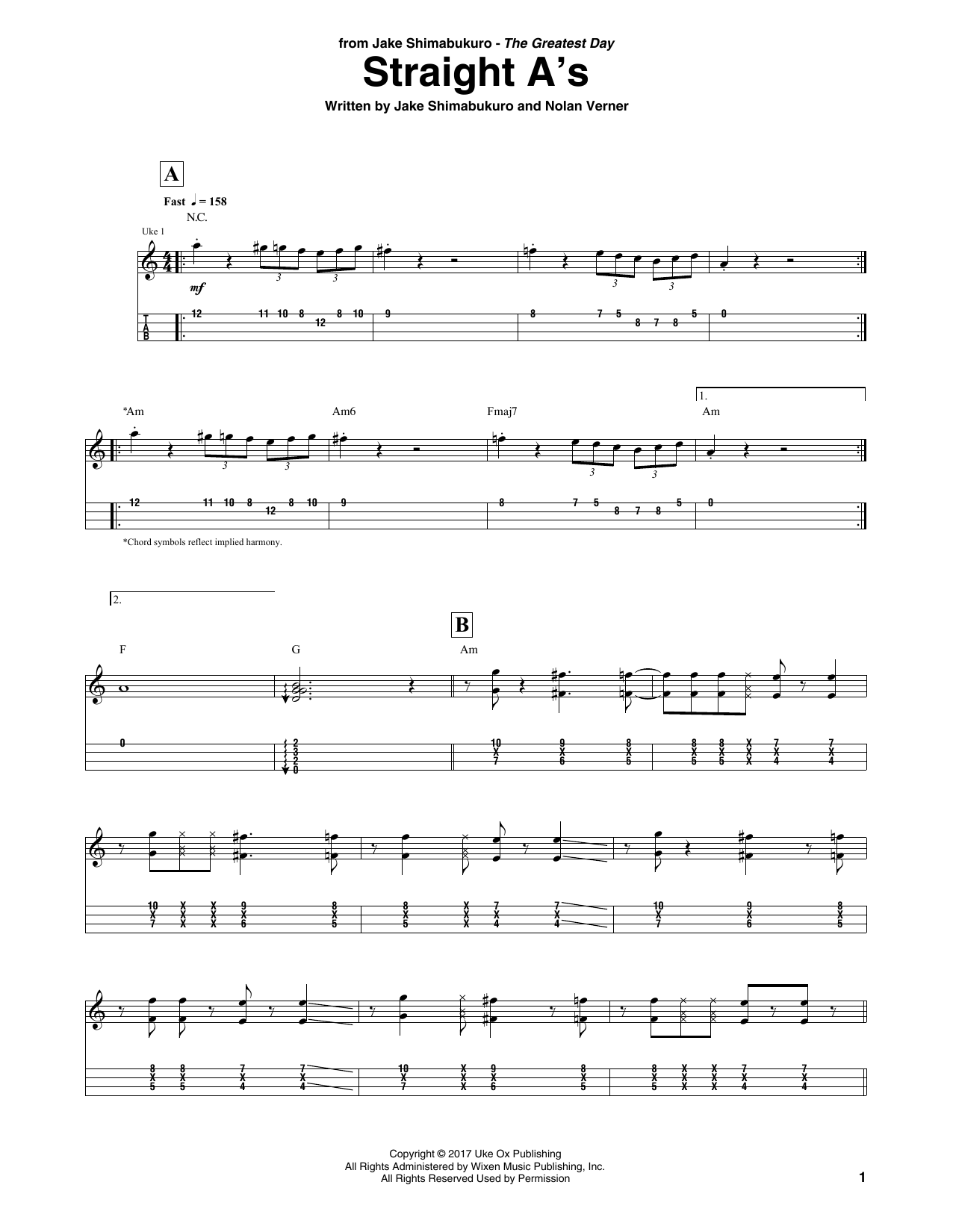 Learn to play Jake Shimabukuro Straight A's sheet music for Ukulele Tab in minutes. Price: 5.9900$ Jake Shimabukuro Straight A's sheet music notes and chords arranged for Ukulele Tab