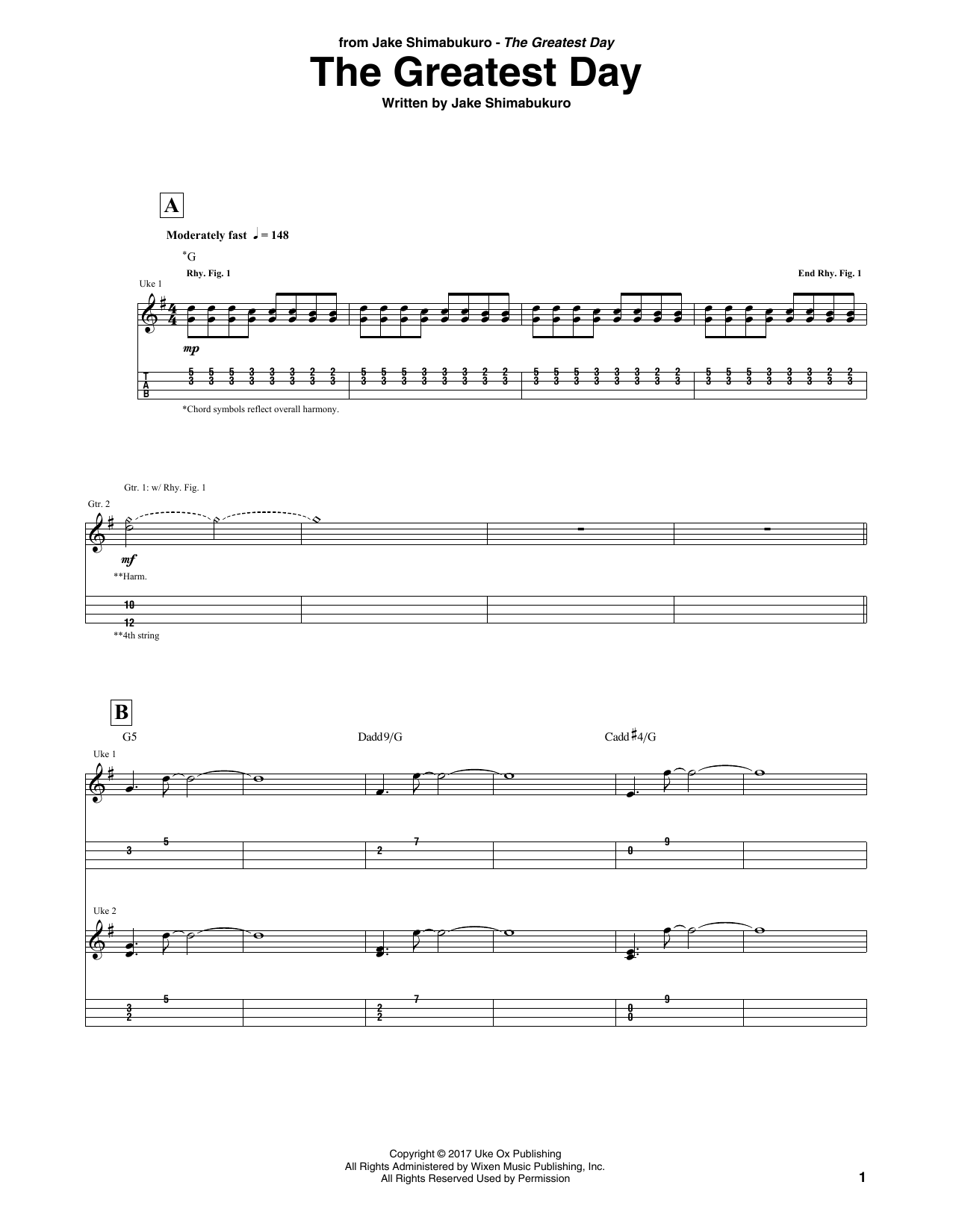 Learn to play Jake Shimabukuro The Greatest Day sheet music for Ukulele Tab in minutes. Price: 5.9900$ Jake Shimabukuro The Greatest Day sheet music notes and chords arranged for Ukulele Tab