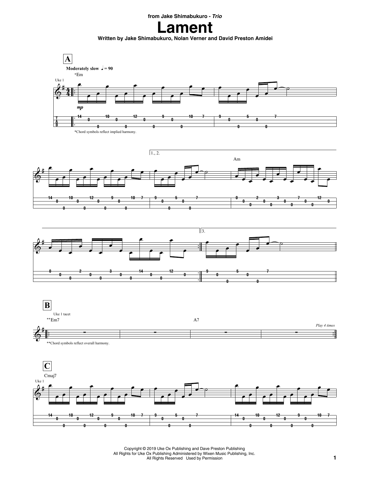 Jake Shimabukuro Trio Lament sheet music notes and chords arranged for Ukulele Tab