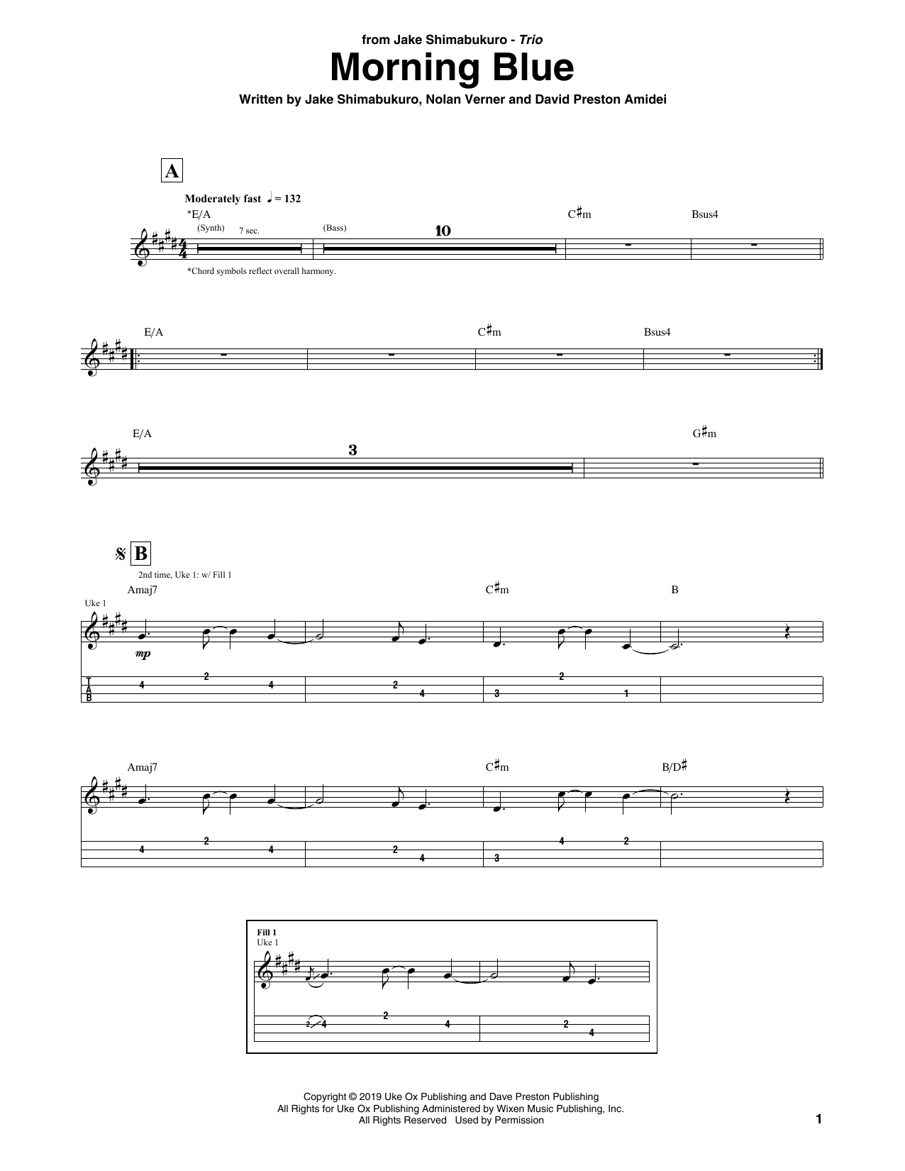 Jake Shimabukuro Trio Morning Blue sheet music notes and chords arranged for Ukulele Tab