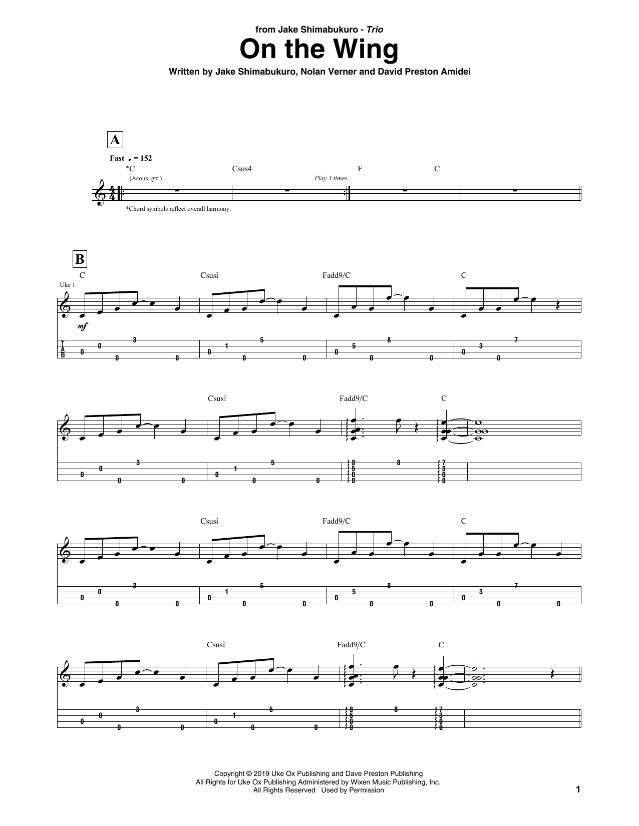 Learn to play Jake Shimabukuro Trio On The Wing sheet music for Ukulele Tab in minutes. Price: 5.9900$ Jake Shimabukuro Trio On The Wing sheet music notes and chords arranged for Ukulele Tab