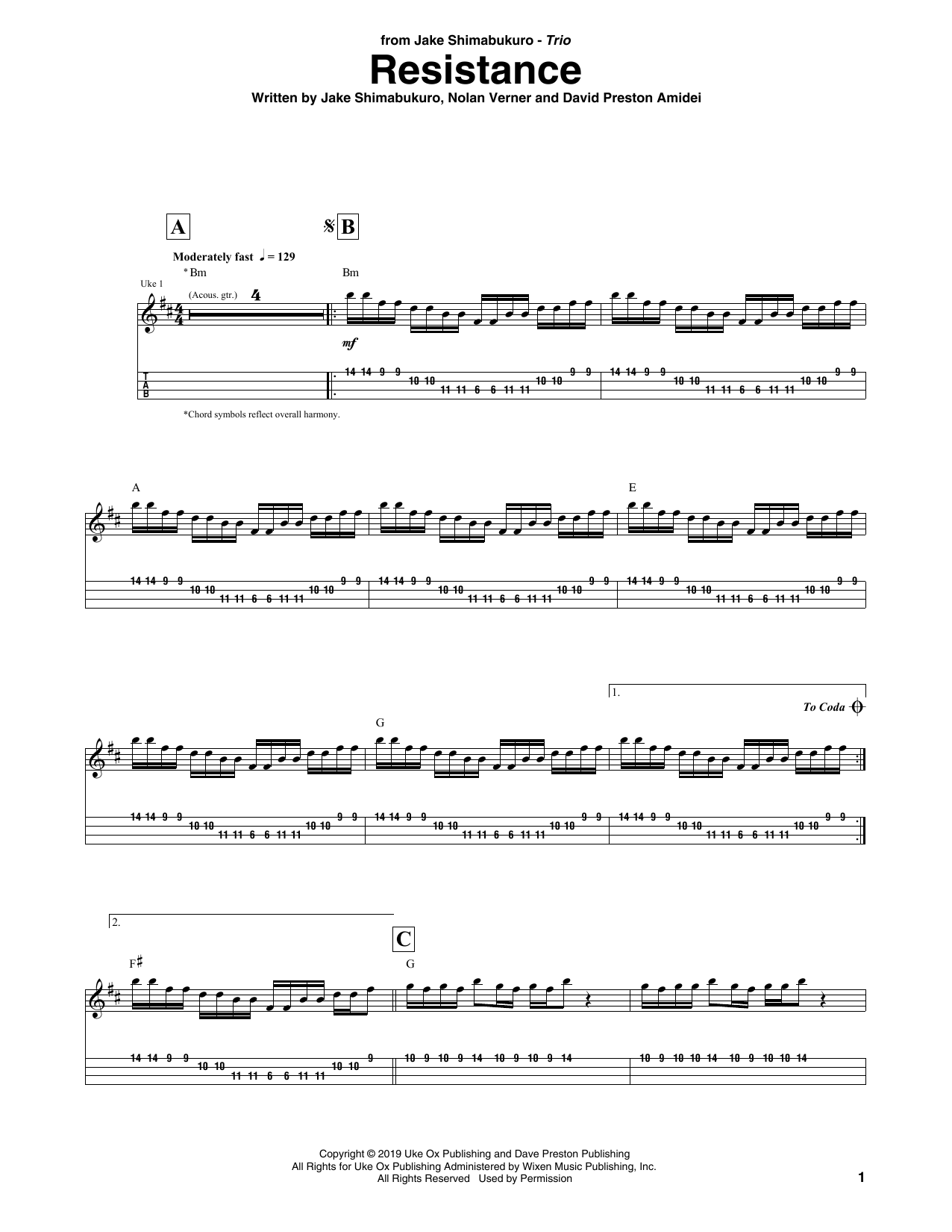 Jake Shimabukuro Trio Resistance sheet music notes and chords arranged for Ukulele Tab