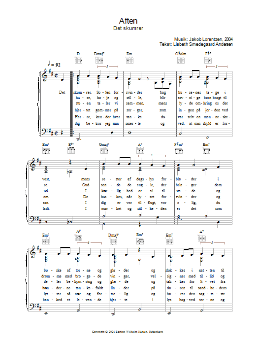 Jakob Lorentzen Aften - Det Skumrer sheet music notes and chords arranged for Piano, Vocal & Guitar Chords