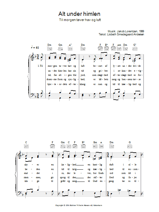 Jakob Lorentzen Alt Under Himlen - Til Morgen Tøver Hav Og Luft sheet music notes and chords arranged for Piano, Vocal & Guitar Chords