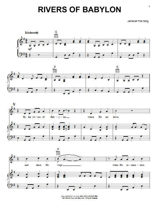 Learn to play Jamaican Folksong Rivers Of Babylon sheet music for Piano, Vocal & Guitar Chords (Right-Hand Melody) in minutes. Price: 7.8900$ Jamaican Folksong Rivers Of Babylon sheet music notes and chords arranged for Piano, Vocal & Guitar Chords (Right-Hand Melody)