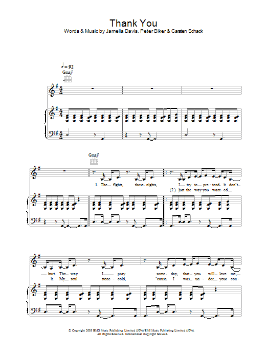 Learn to play Jamelia Thank You sheet music for Piano, Vocal & Guitar Chords in minutes. Price: 7.8900$ Jamelia Thank You sheet music notes and chords arranged for Piano, Vocal & Guitar Chords