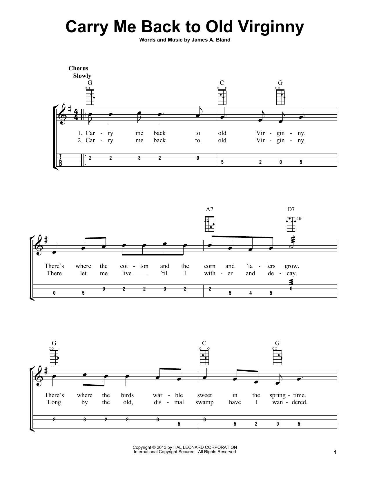 James A. Bland Carry Me Back To Old Virginny (arr. Bobby Westfall) sheet music notes and chords. Download Printable PDF.