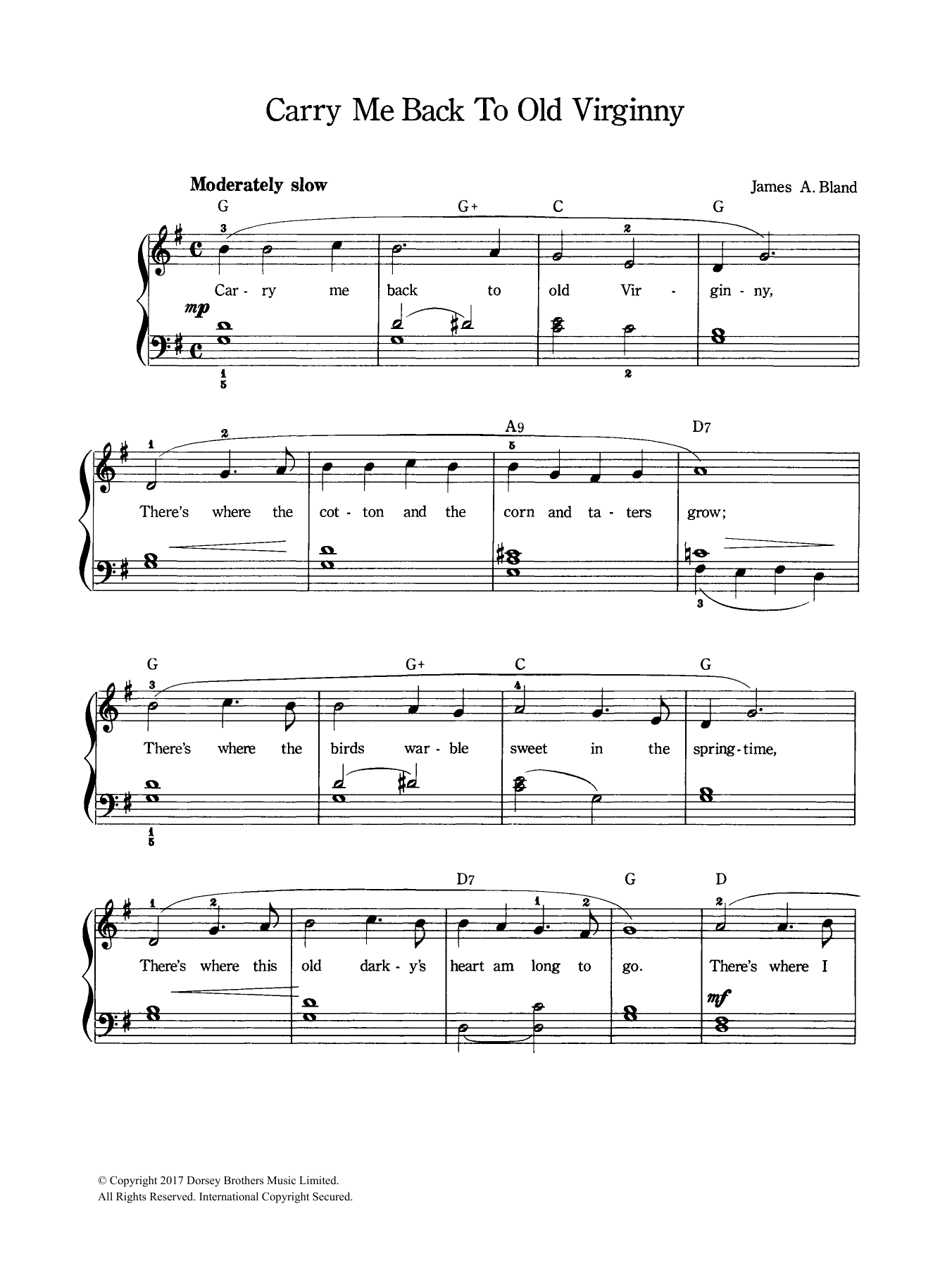 James A. Bland Carry Me Back To Old Virginny sheet music notes and chords arranged for Piano, Vocal & Guitar Chords (Right-Hand Melody)