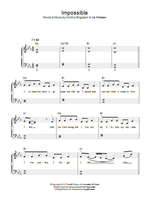 James Arthur Impossible sheet music notes and chords arranged for Beginner Piano (Abridged)