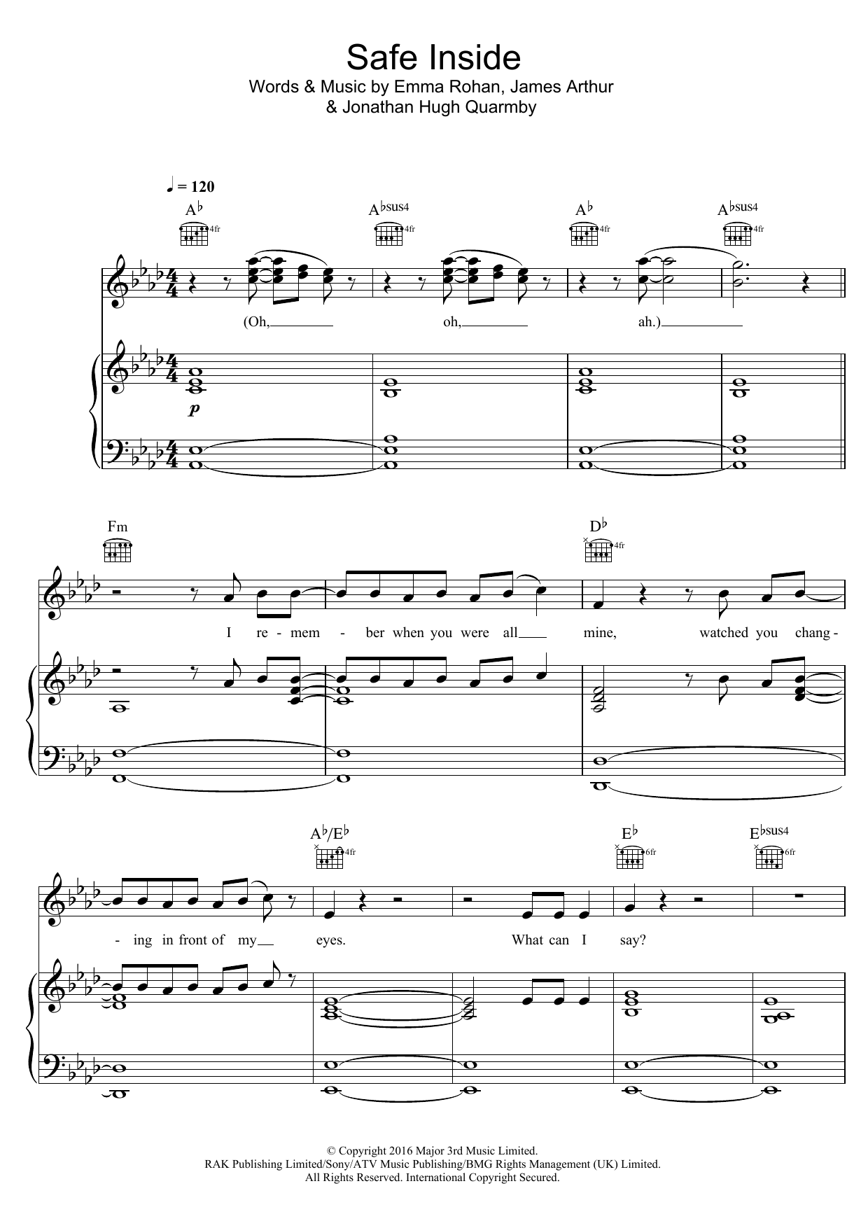 Learn to play James Arthur Safe Inside sheet music for Piano, Vocal & Guitar Chords in minutes. Price: 7.8900$ James Arthur Safe Inside sheet music notes and chords arranged for Piano, Vocal & Guitar Chords