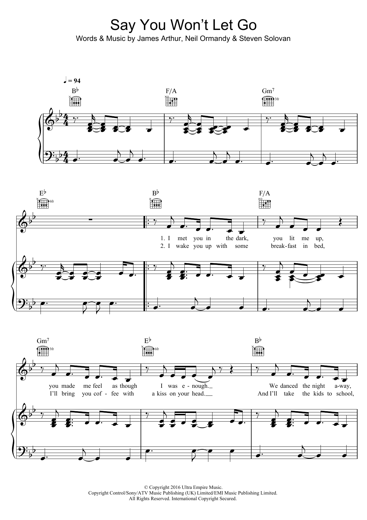 James Arthur Say You Won't Let Go sheet music notes and chords. Download Printable PDF.