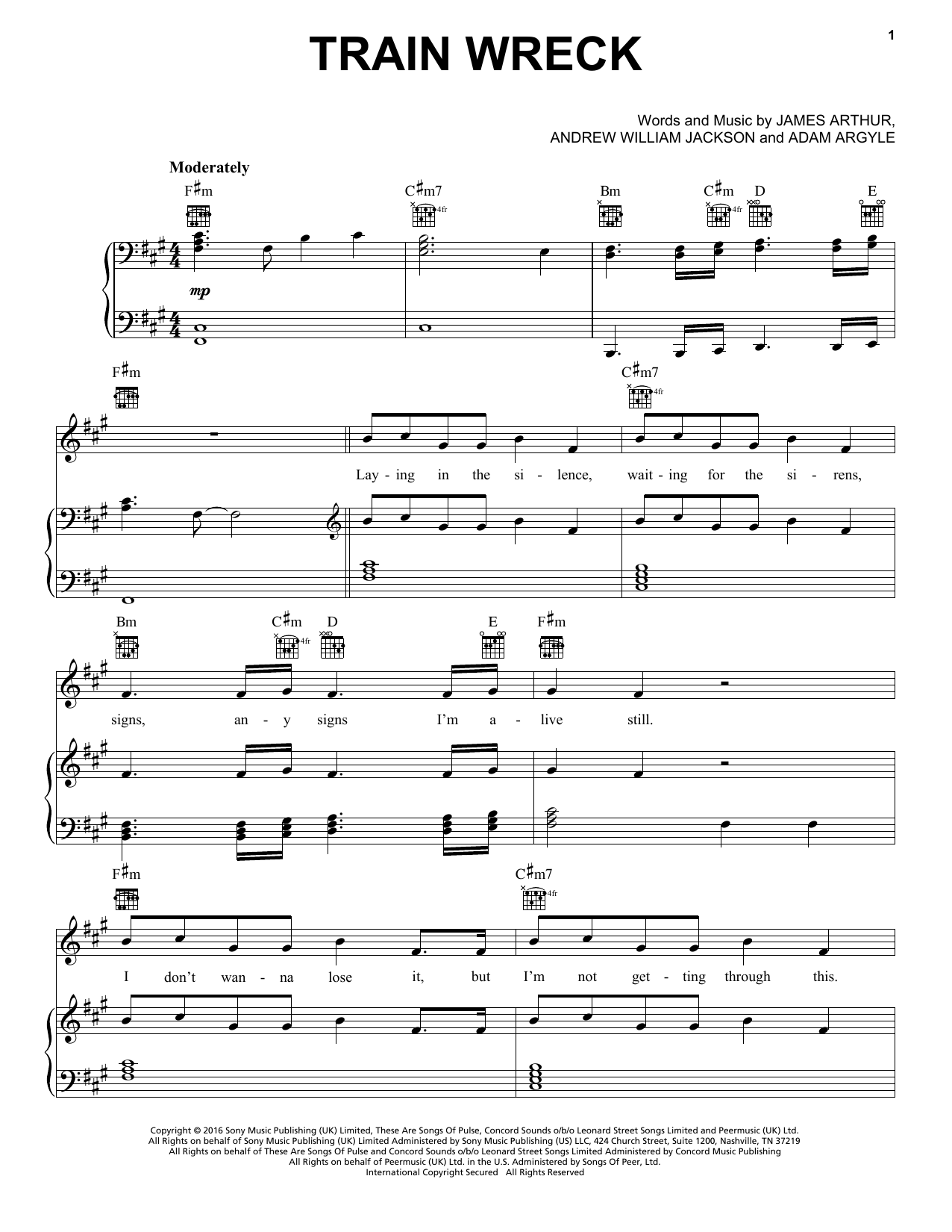 James Arthur Train Wreck sheet music notes and chords. Download Printable PDF.