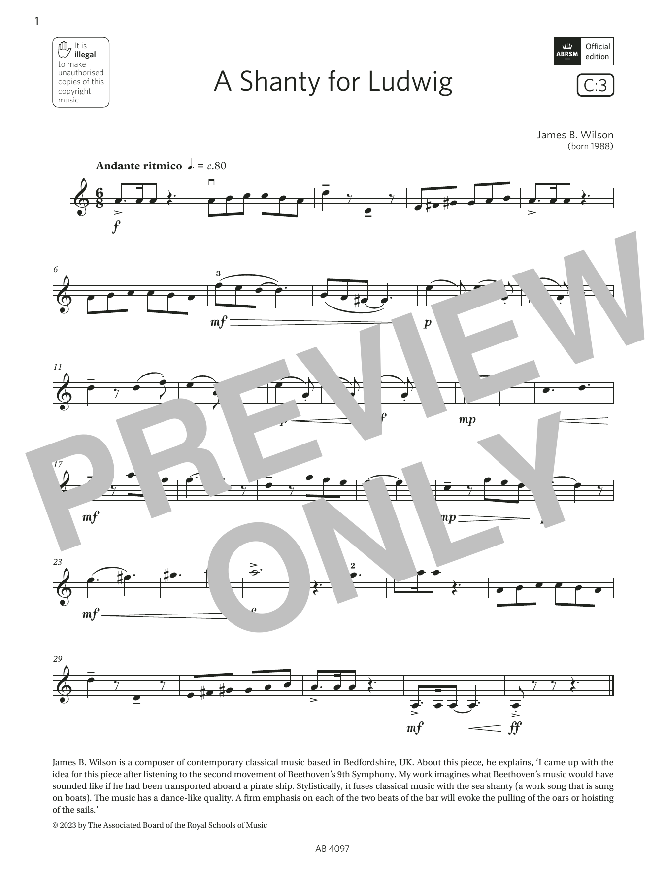 Learn to play James B. Wilson A Shanty for Ludwig (Grade 3, C3, from the ABRSM Violin Syllabus from 2024) sheet music for Violin Solo in minutes. Price: 5.9900$ James B. Wilson A Shanty for Ludwig (Grade 3, C3, from the ABRSM Violin Syllabus from 2024) sheet music notes and chords arranged for Violin Solo