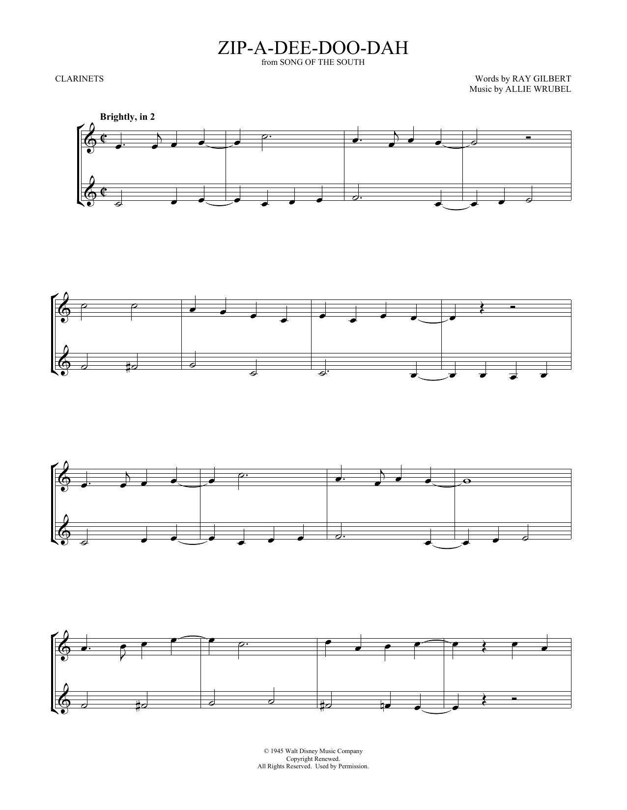 Ray Gilbert Zip-A-Dee-Doo-Dah sheet music notes and chords. Download Printable PDF.