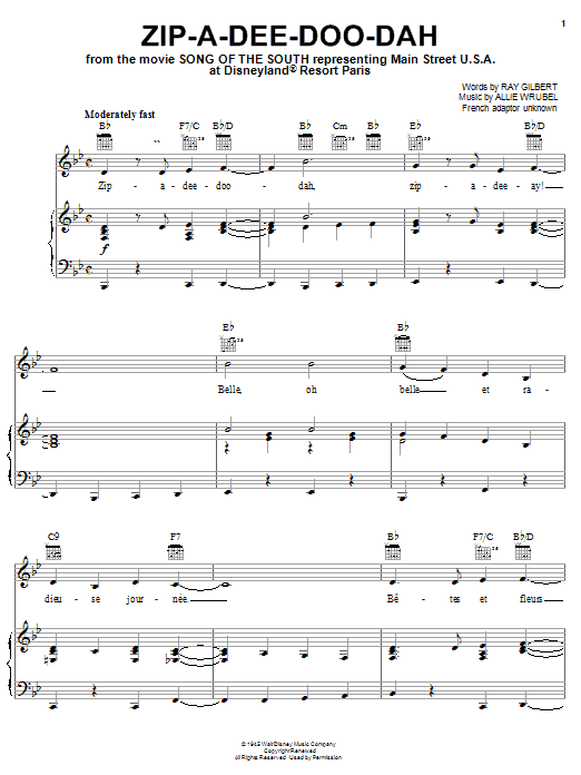 Learn to play Ray Gilbert Zip-A-Dee-Doo-Dah sheet music for Piano, Vocal & Guitar Chords (Right-Hand Melody) in minutes. Price: 7.8900$ Ray Gilbert Zip-A-Dee-Doo-Dah sheet music notes and chords arranged for Piano, Vocal & Guitar Chords (Right-Hand Melody)