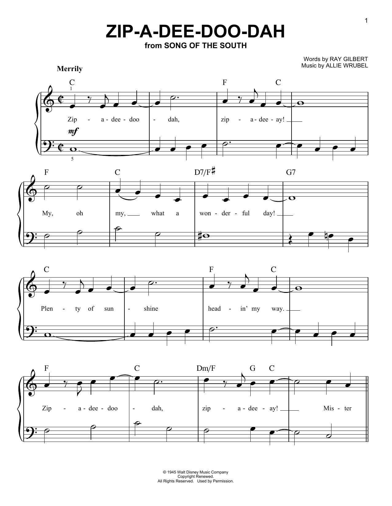 Ray Gilbert Zip-A-Dee-Doo-Dah sheet music notes and chords. Download Printable PDF.