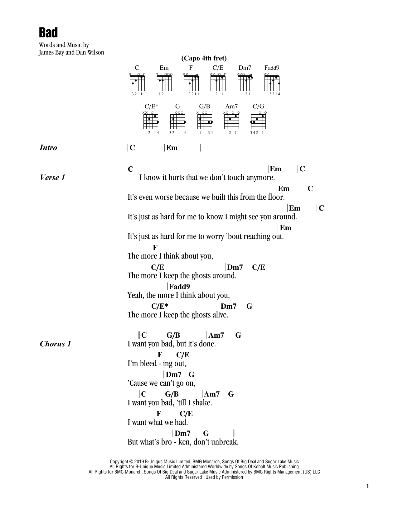 James Bay Bad sheet music notes and chords arranged for Guitar Chords/Lyrics