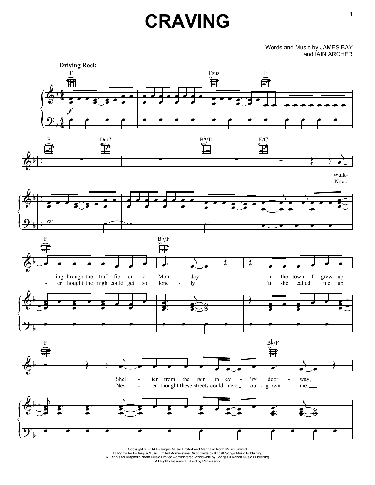 Learn to play James Bay Craving sheet music for Piano, Vocal & Guitar Chords (Right-Hand Melody) in minutes. Price: 7.8900$ James Bay Craving sheet music notes and chords arranged for Piano, Vocal & Guitar Chords (Right-Hand Melody)