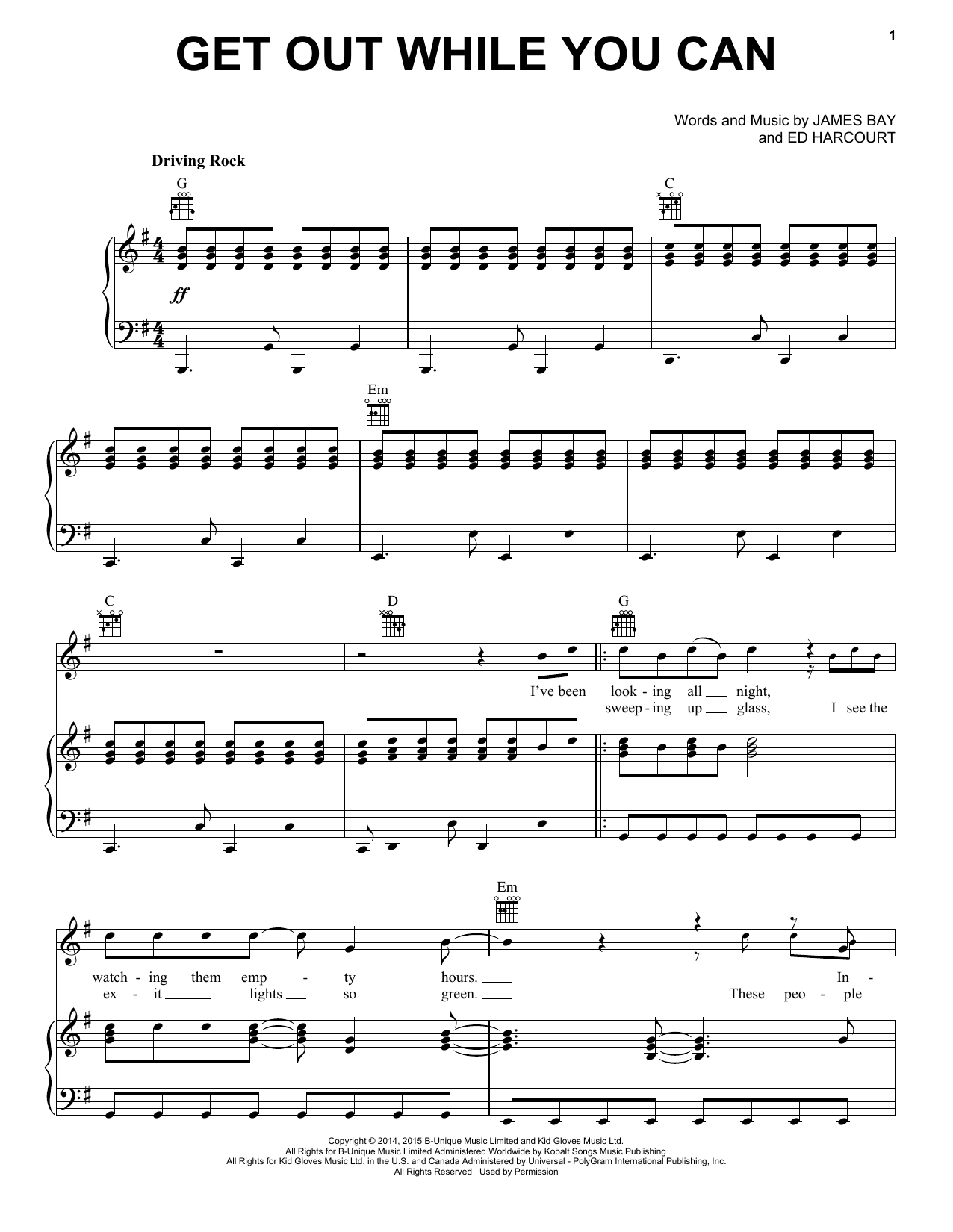 Learn to play James Bay Get Out While You Can sheet music for Piano, Vocal & Guitar Chords (Right-Hand Melody) in minutes. Price: 7.8900$ James Bay Get Out While You Can sheet music notes and chords arranged for Piano, Vocal & Guitar Chords (Right-Hand Melody)