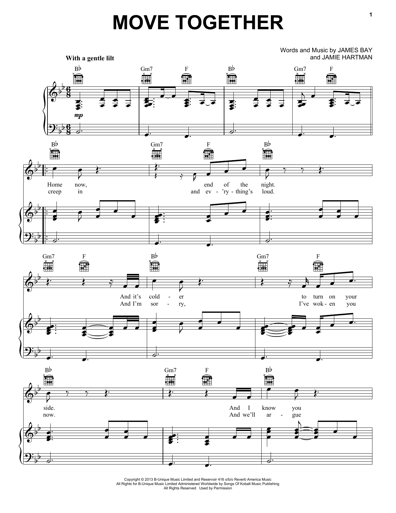 Learn to play James Bay Move Together sheet music for Piano, Vocal & Guitar Chords (Right-Hand Melody) in minutes. Price: 7.8900$ James Bay Move Together sheet music notes and chords arranged for Piano, Vocal & Guitar Chords (Right-Hand Melody)