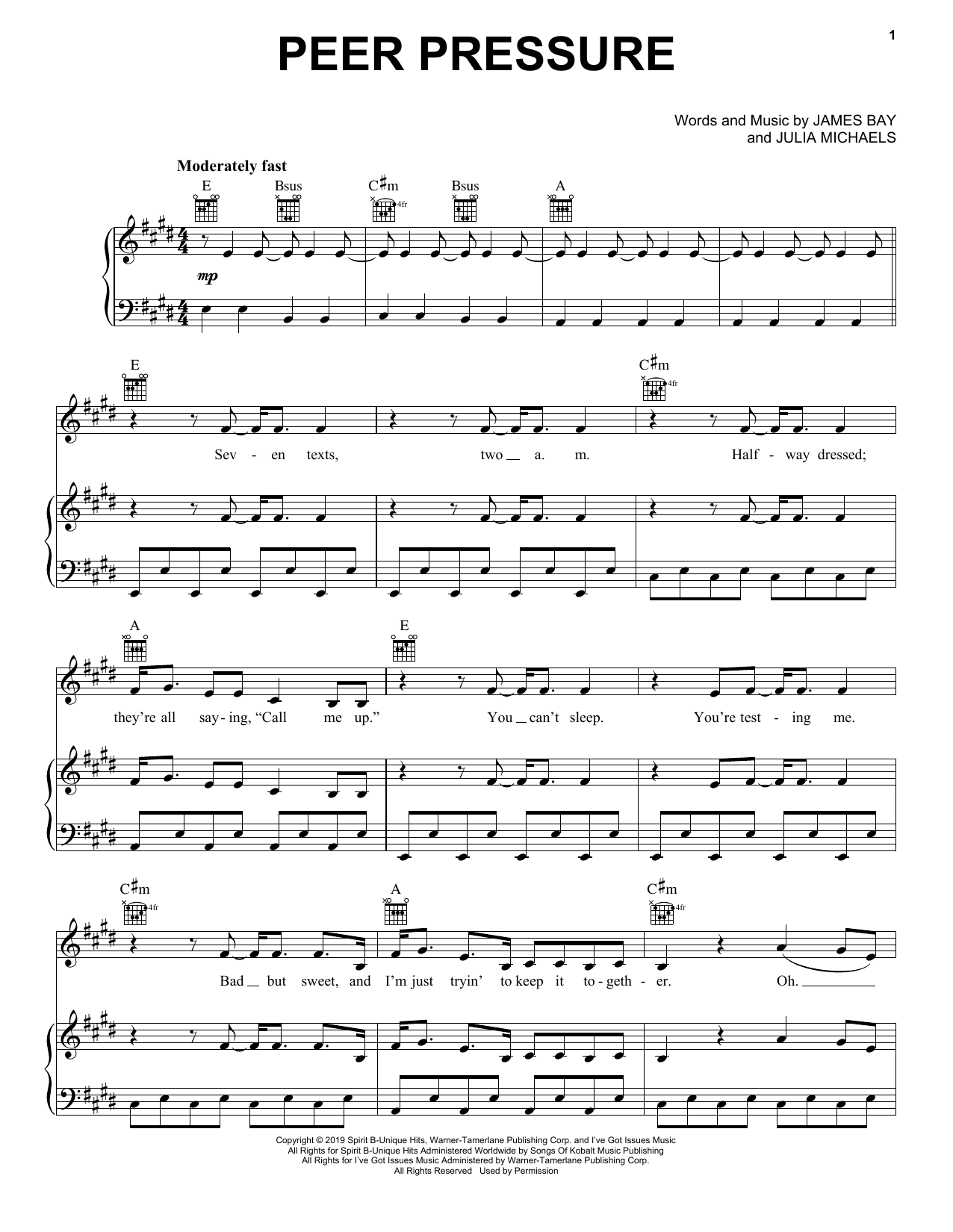 Learn to play James Bay Peer Pressure (feat. Julia Michaels) sheet music for Piano, Vocal & Guitar Chords (Right-Hand Melody) in minutes. Price: 7.8900$ James Bay Peer Pressure (feat. Julia Michaels) sheet music notes and chords arranged for Piano, Vocal & Guitar Chords (Right-Hand Melody)