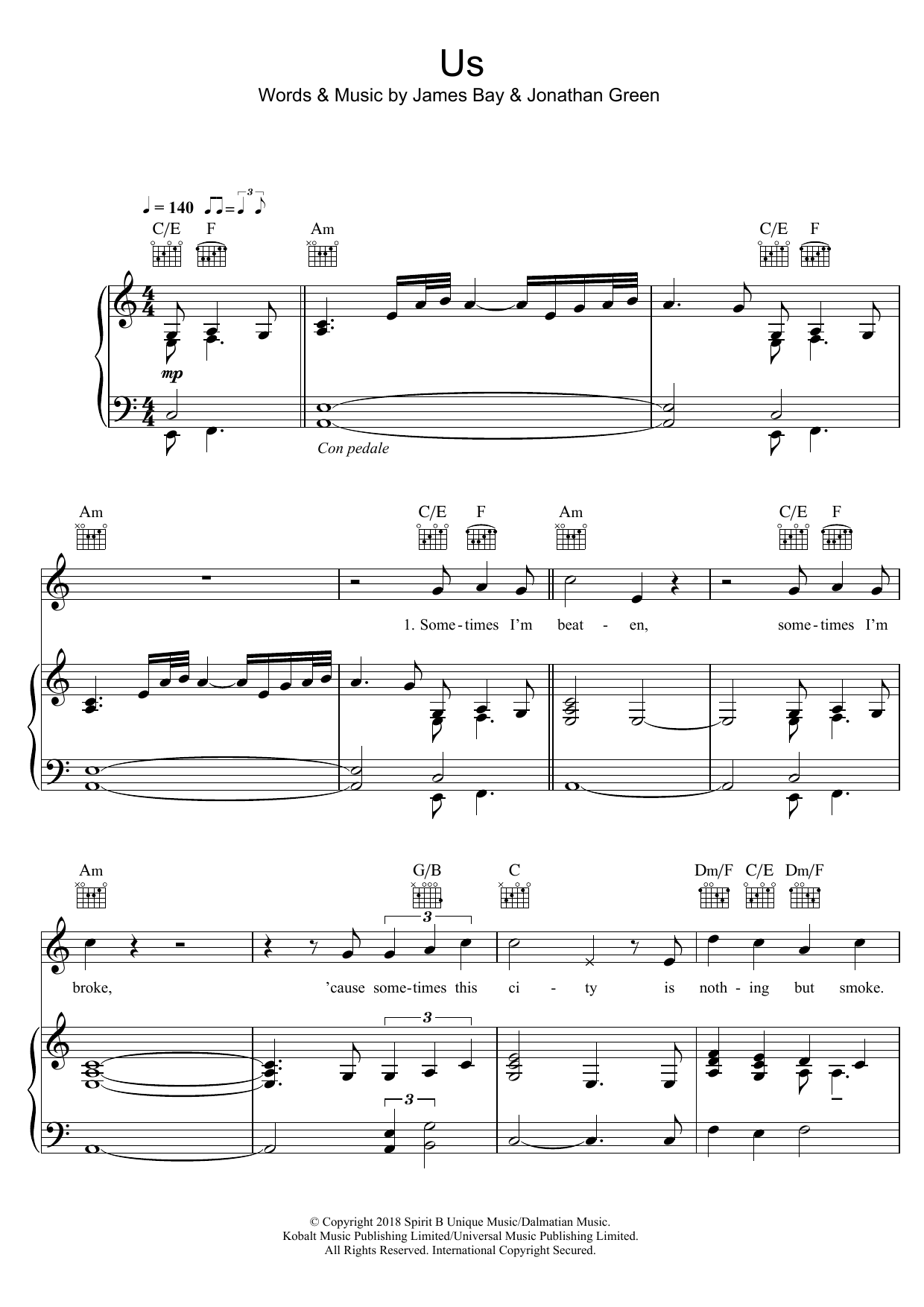 James Bay Us sheet music notes and chords. Download Printable PDF.