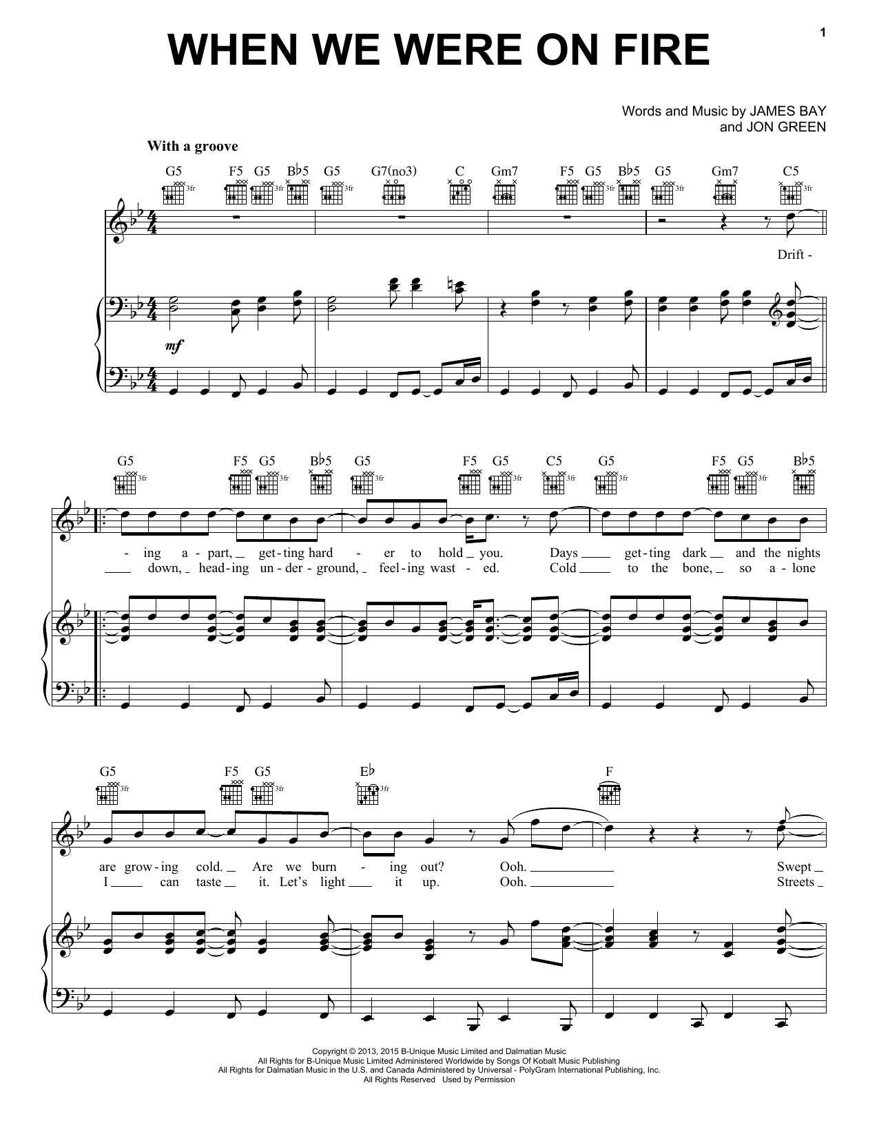 Learn to play James Bay When We Were On Fire sheet music for Piano, Vocal & Guitar Chords (Right-Hand Melody) in minutes. Price: 7.8900$ James Bay When We Were On Fire sheet music notes and chords arranged for Piano, Vocal & Guitar Chords (Right-Hand Melody)