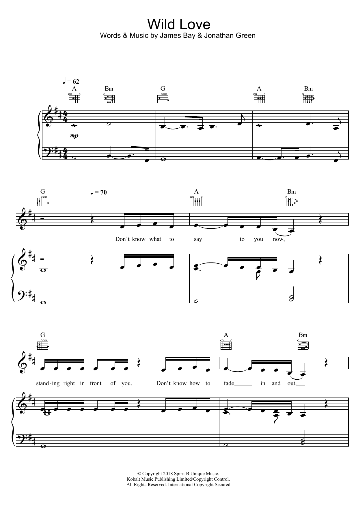 Learn to play James Bay Wild Love sheet music for Piano, Vocal & Guitar Chords (Right-Hand Melody) in minutes. Price: 7.8900$ James Bay Wild Love sheet music notes and chords arranged for Piano, Vocal & Guitar Chords (Right-Hand Melody)