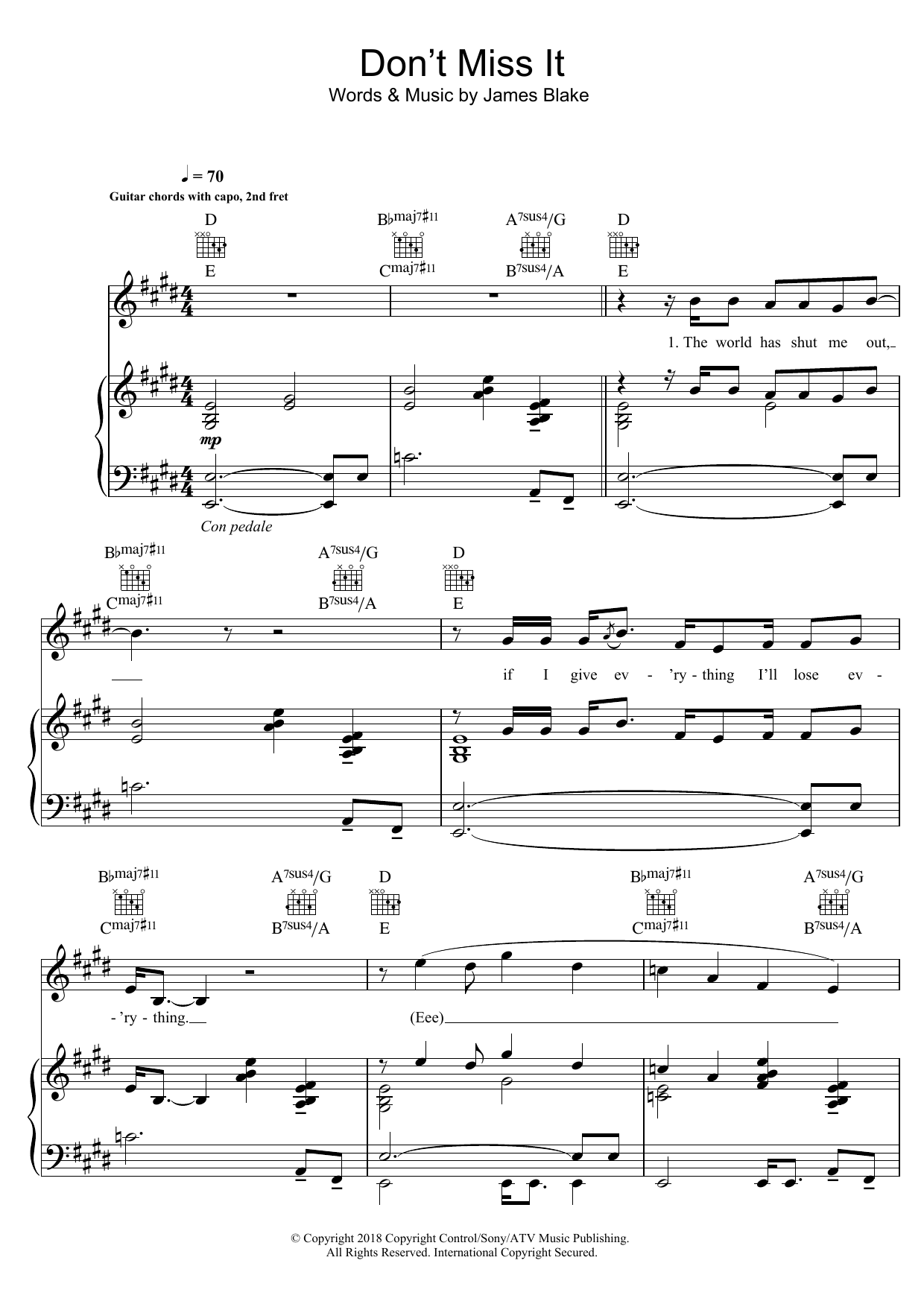 Learn to play James Blake Don't Miss It sheet music for Piano, Vocal & Guitar Chords in minutes. Price: 7.8900$ James Blake Don't Miss It sheet music notes and chords arranged for Piano, Vocal & Guitar Chords