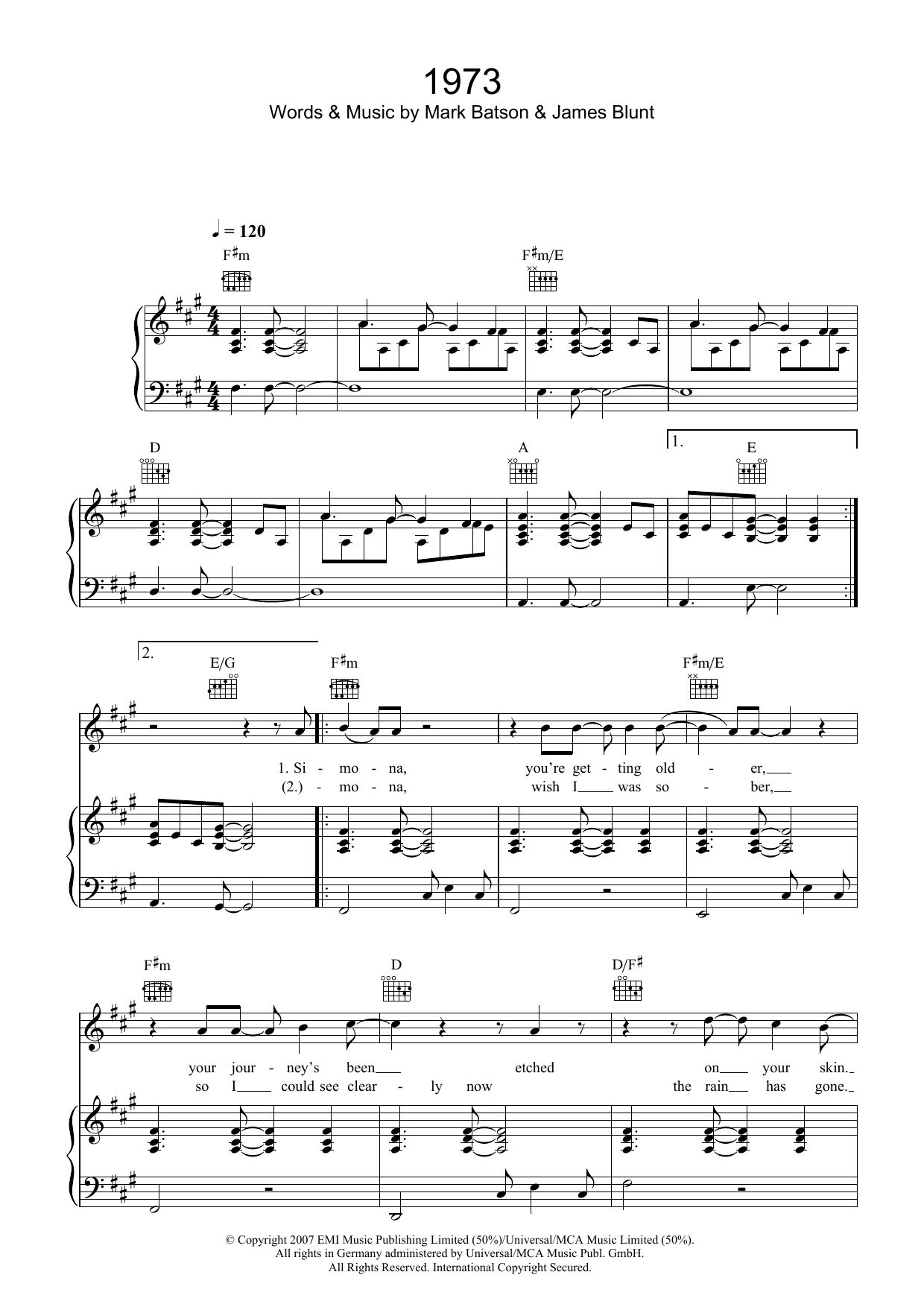 James Blunt 1973 sheet music notes and chords. Download Printable PDF.