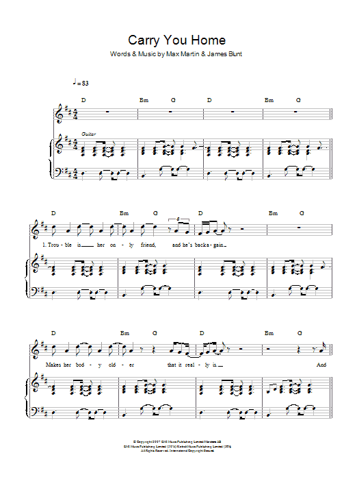 James Blunt Carry You Home sheet music notes and chords. Download Printable PDF.