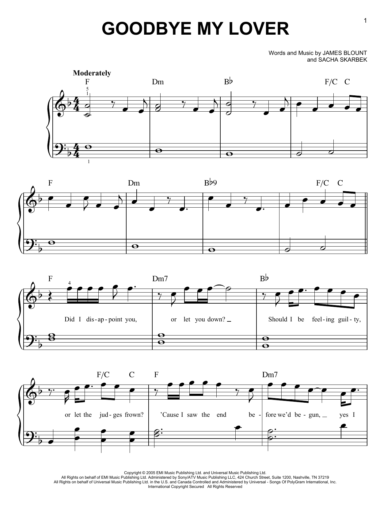 James Blunt Goodbye My Lover sheet music notes and chords. Download Printable PDF.