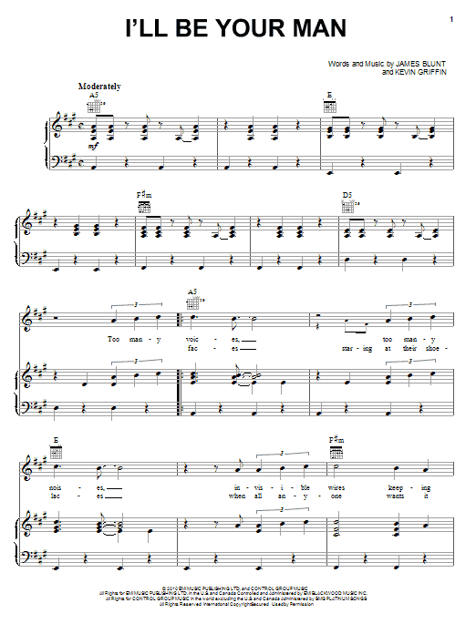 Learn to play James Blunt I'll Be Your Man sheet music for Piano, Vocal & Guitar Chords (Right-Hand Melody) in minutes. Price: 7.8900$ James Blunt I'll Be Your Man sheet music notes and chords arranged for Piano, Vocal & Guitar Chords (Right-Hand Melody)