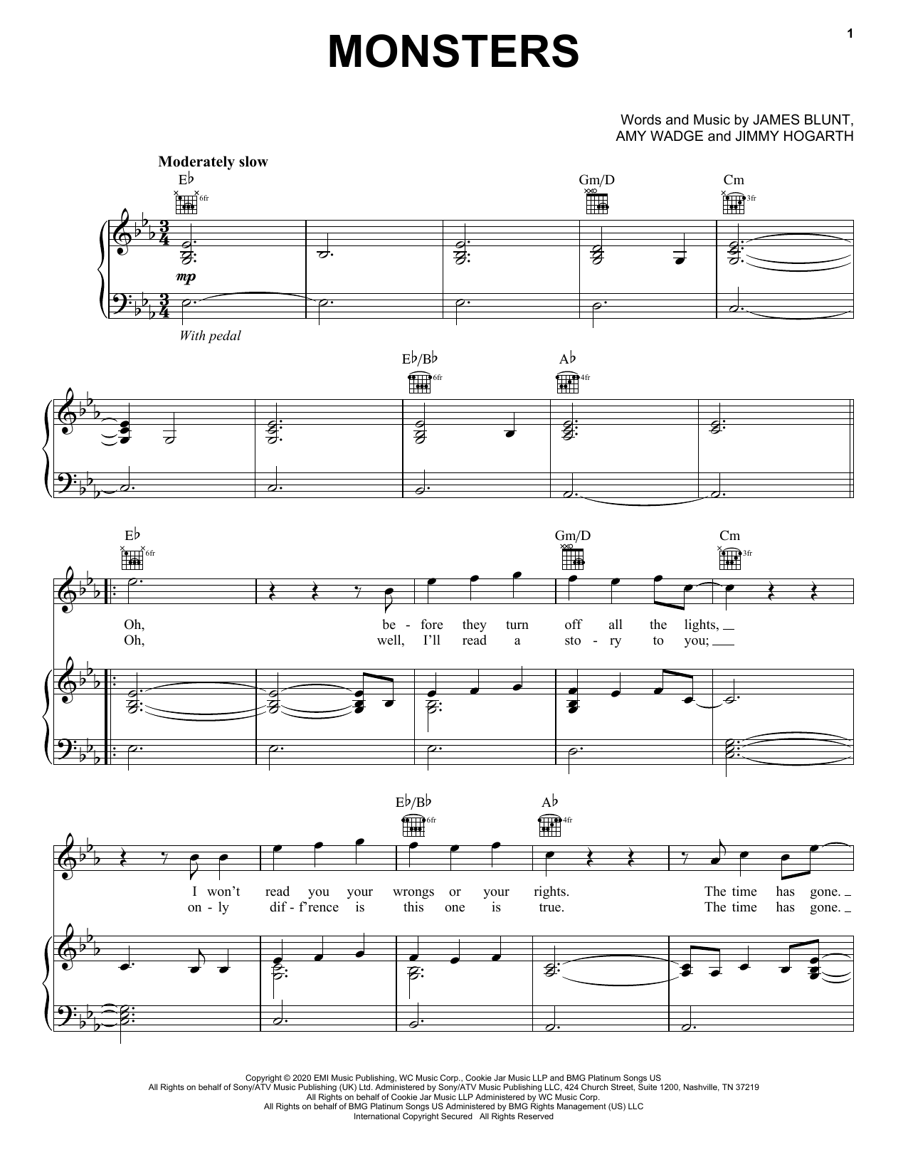 Learn to play James Blunt Monsters sheet music for Piano, Vocal & Guitar Chords (Right-Hand Melody) in minutes. Price: 6.9900$ James Blunt Monsters sheet music notes and chords arranged for Piano, Vocal & Guitar Chords (Right-Hand Melody)