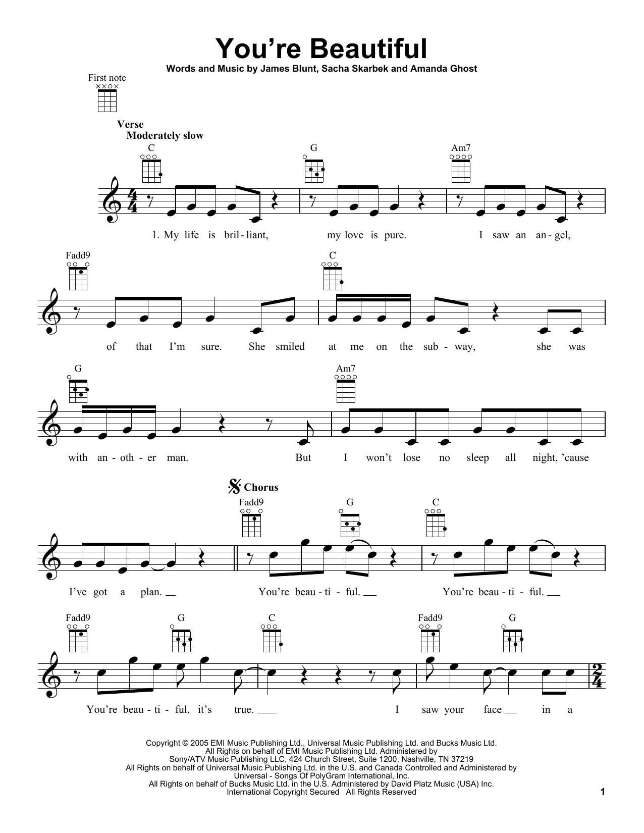 James Blunt You're Beautiful sheet music notes and chords. Download Printable PDF.